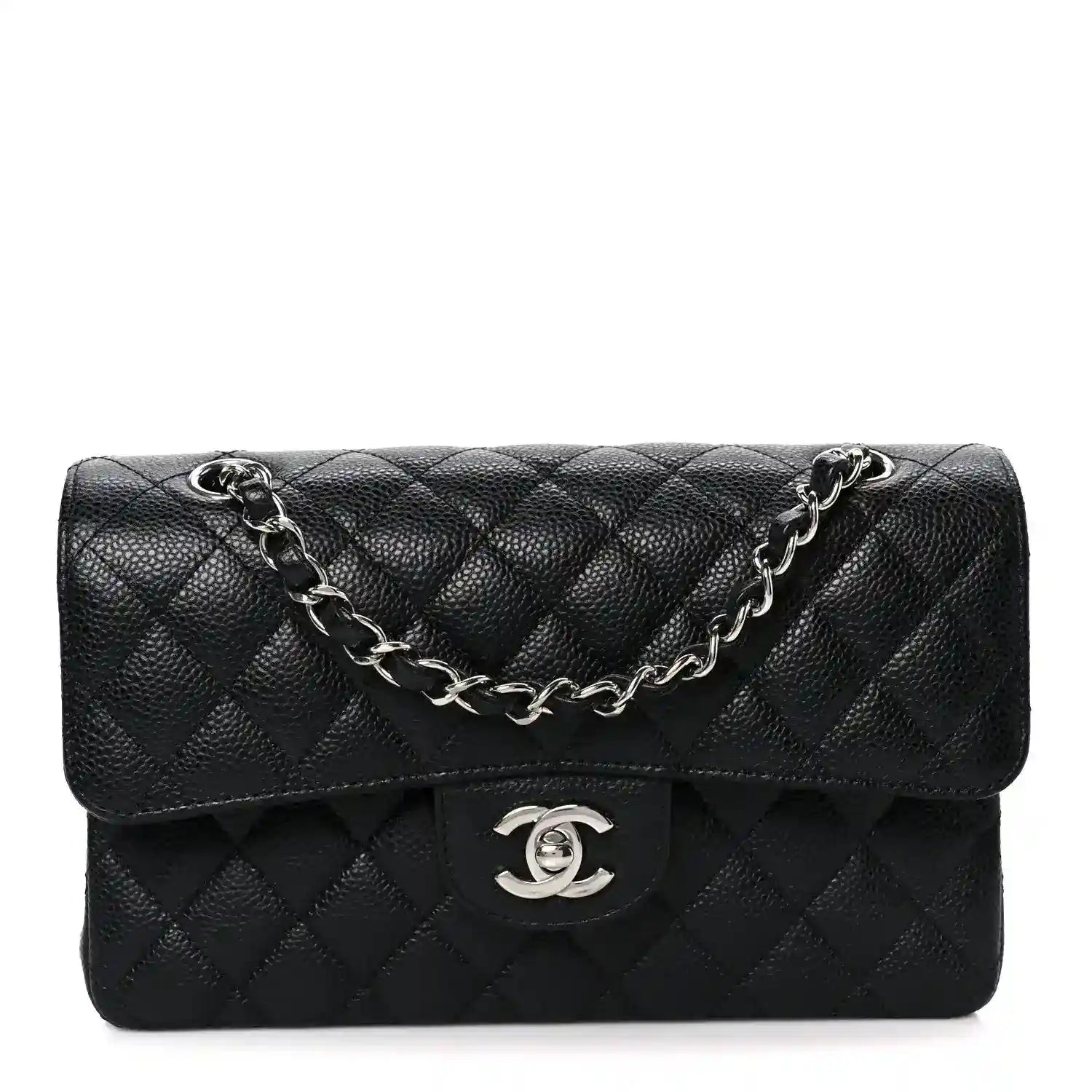 Black quilted leather double flap bag with chain strap and Chanel logo clasp