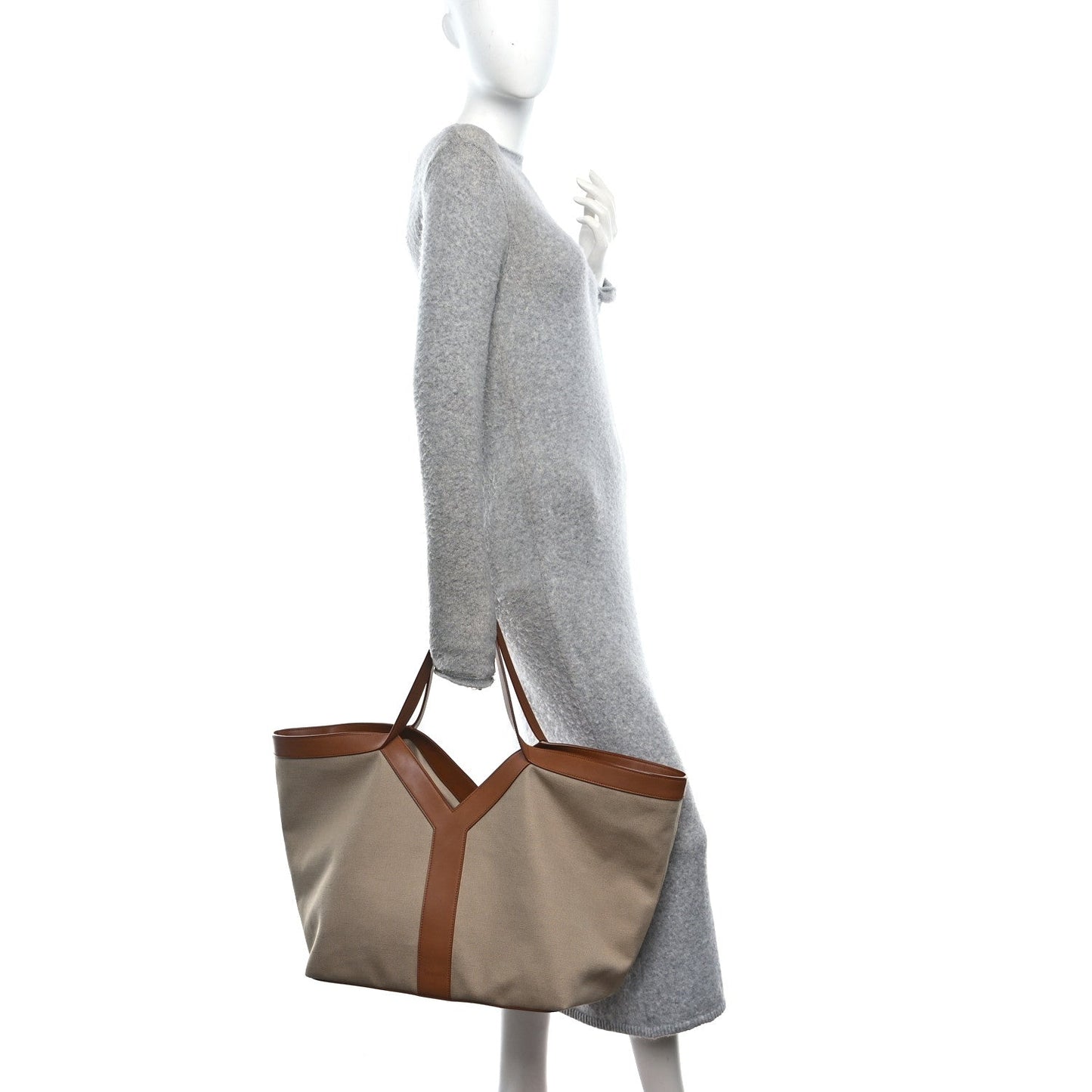 Saint Laurent canvas Y tote bag with leather straps and brick trim, desert dust