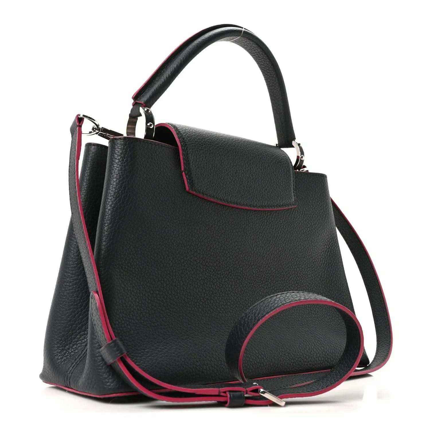 Louis Vuitton Capucines PM leather bag, dark blue with fuchsia trim, top handle and strap