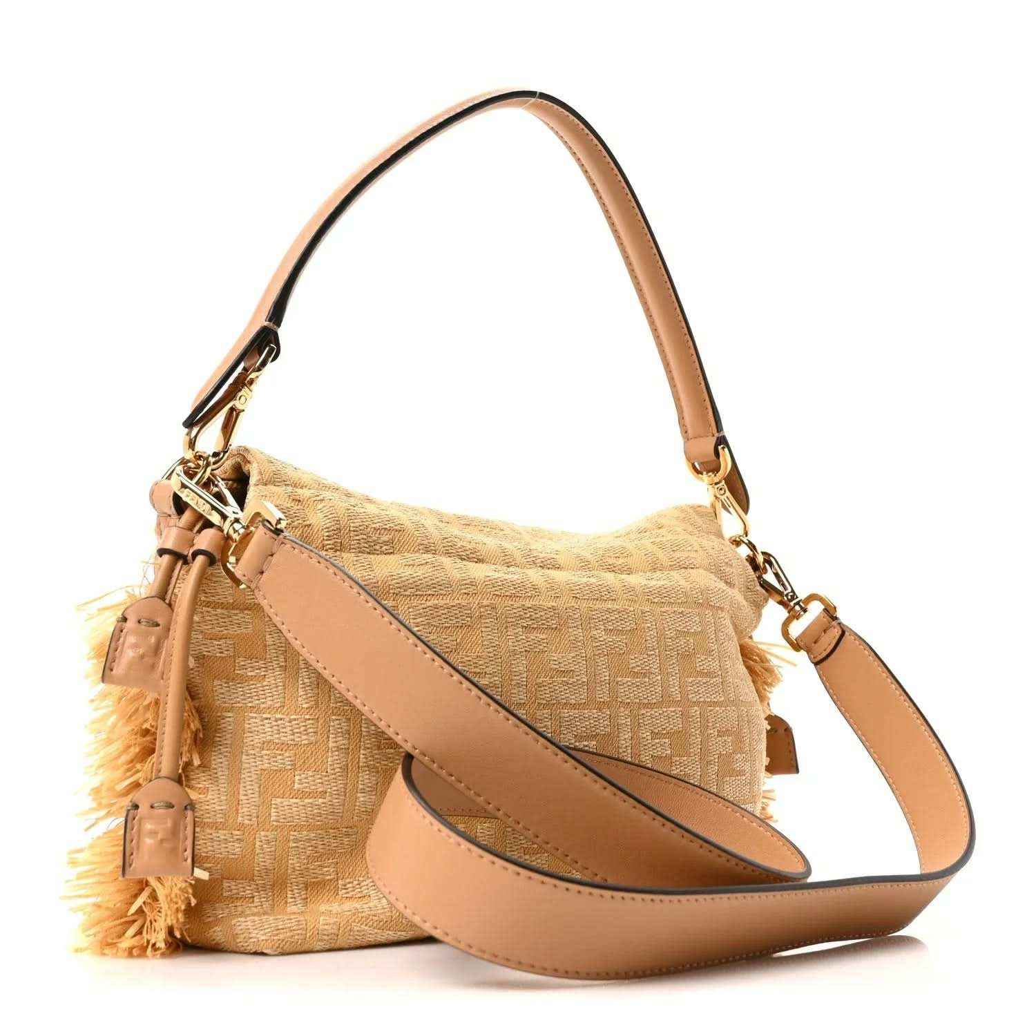 Fendi Mamma Baguette handbag side profile in beige jacquard raffia with fringe tassels