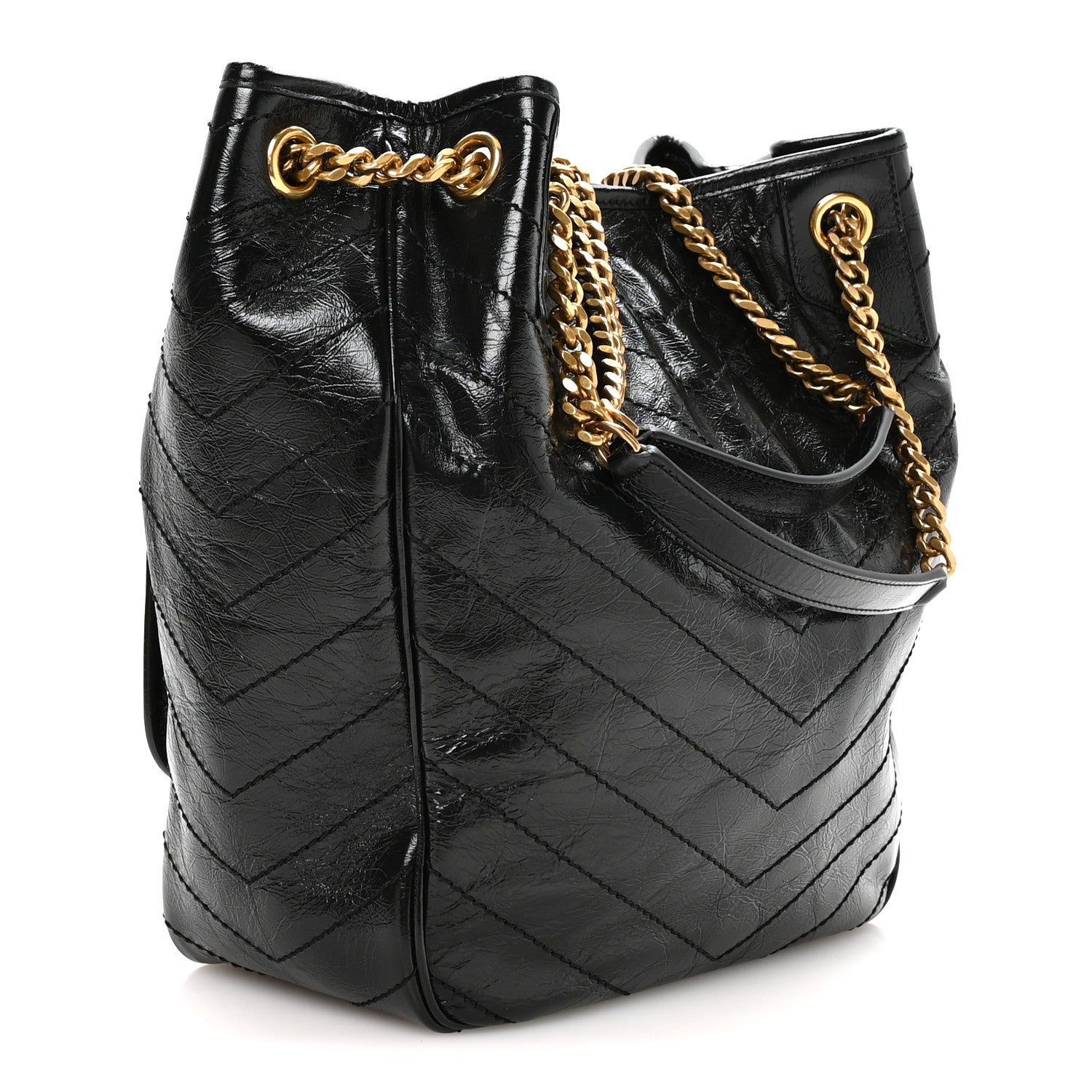 Black matelasse leather tote with top handle, YSL monogram, and gold chain strap