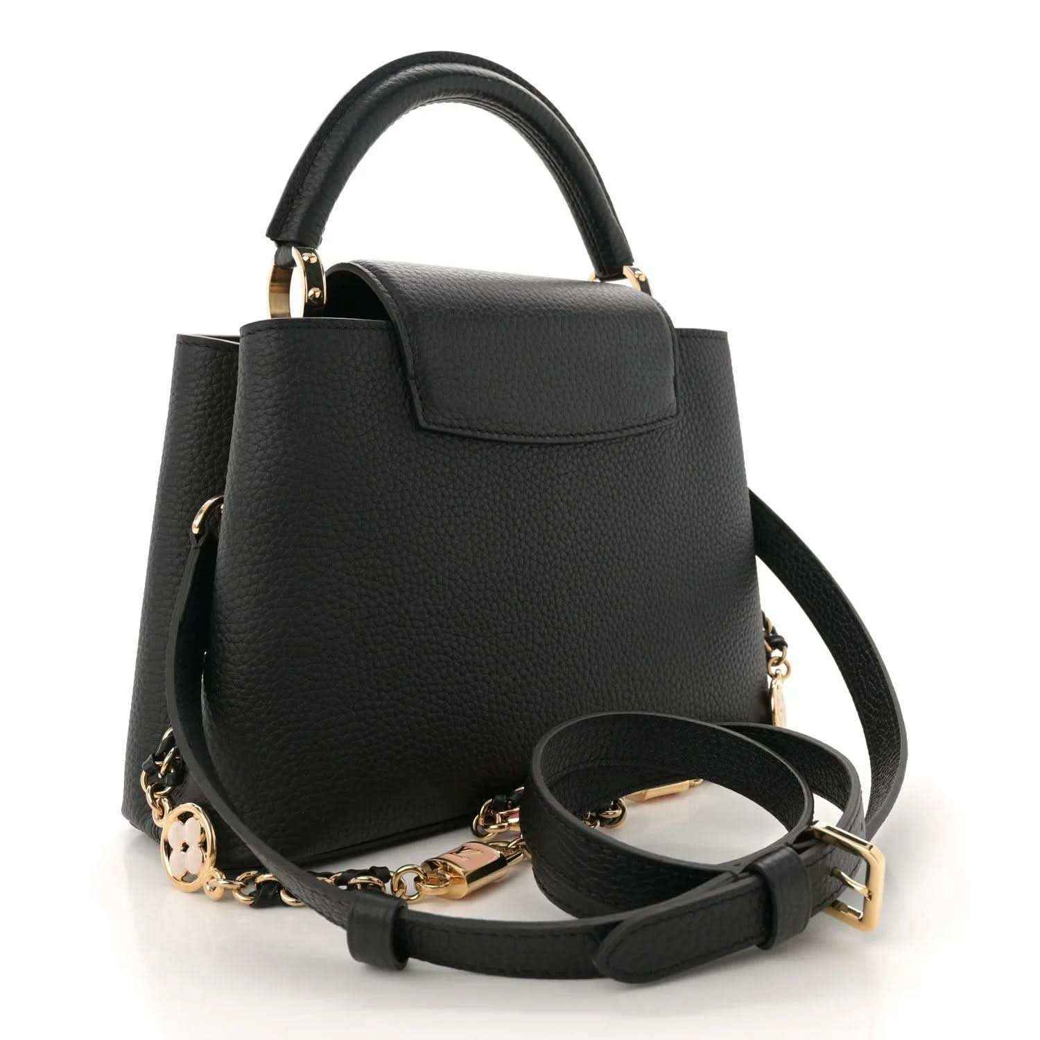 Black leather mini handbag with top handle, flap front, and chain shoulder strap