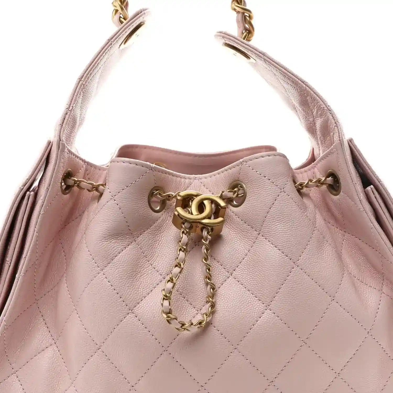 Chanel light pink quilted caviar top view with gold CC charm and chain