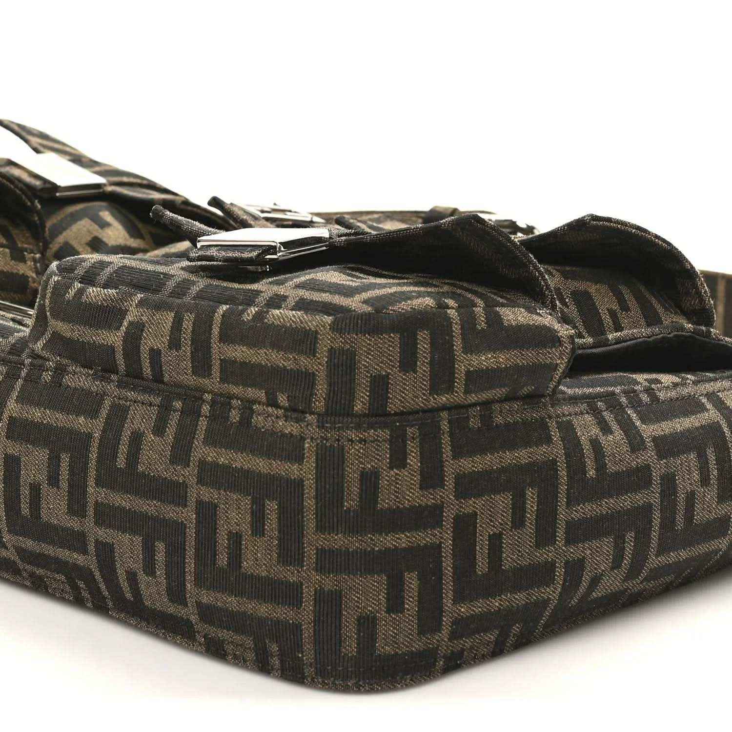 Fendi Zucca canvas baguette bag side panel with buckle detail, dark brown FF print.