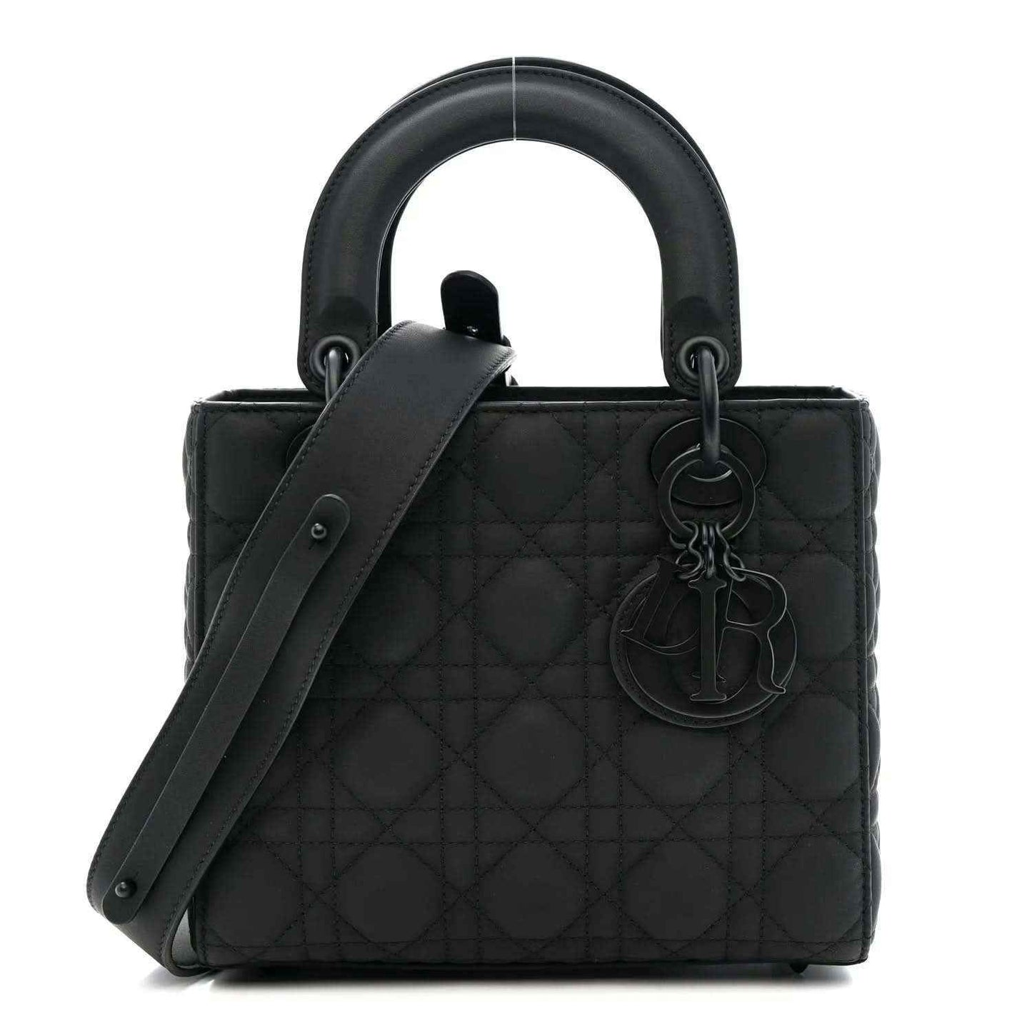Small quilted Lady Dior handbag in black with top handles, front clasp, and charm
