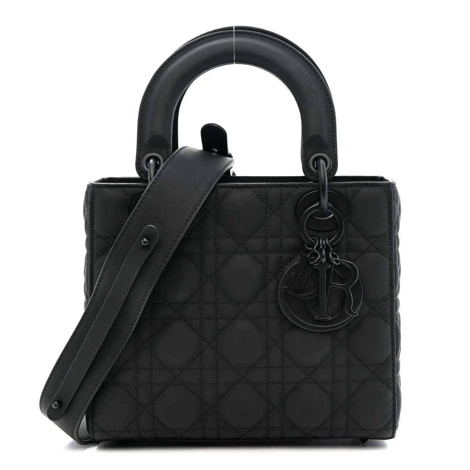 Small quilted Lady Dior handbag in black with top handles, front clasp, and charm