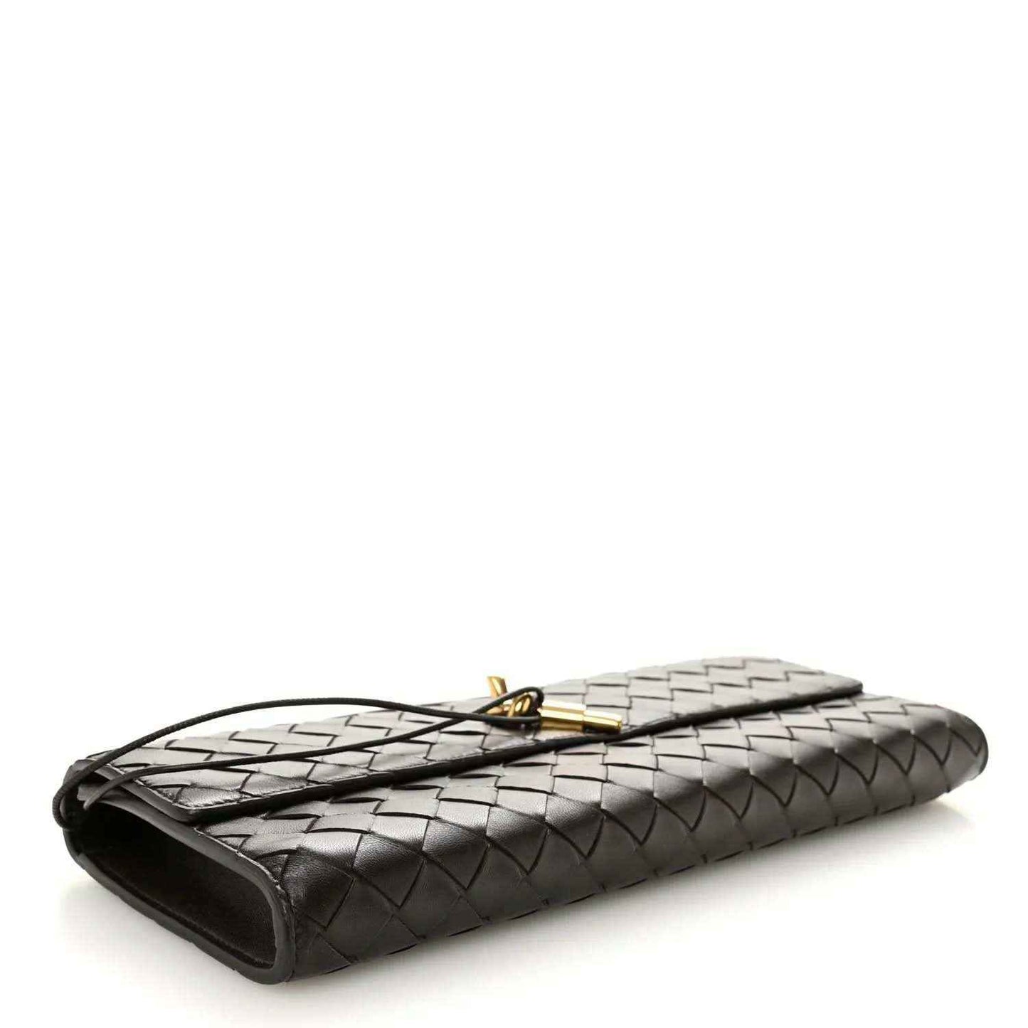 Black intrecciato nappa clutch with gold clasp and open top