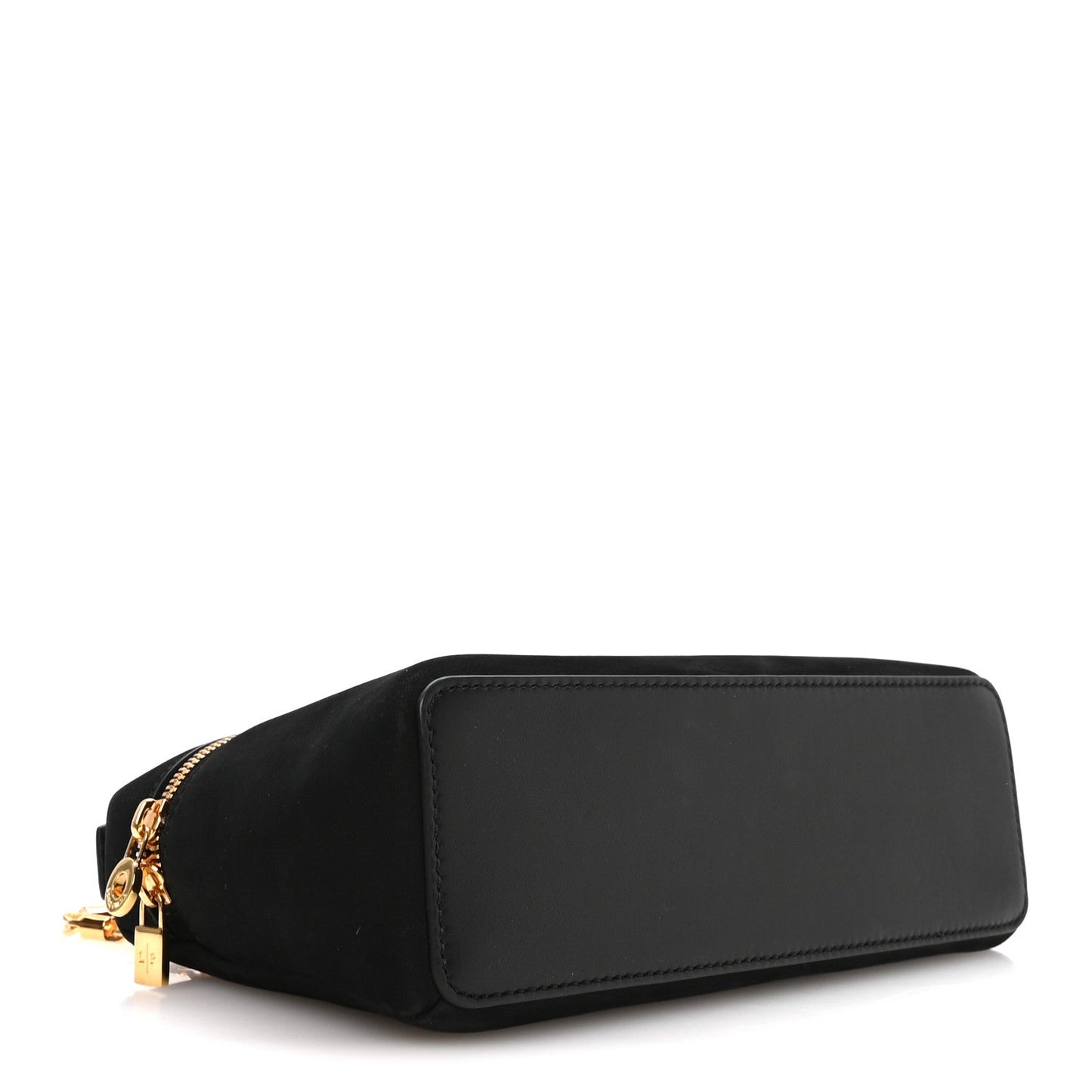 Black nubuck pouch with rectangular front patch and gold chain strap