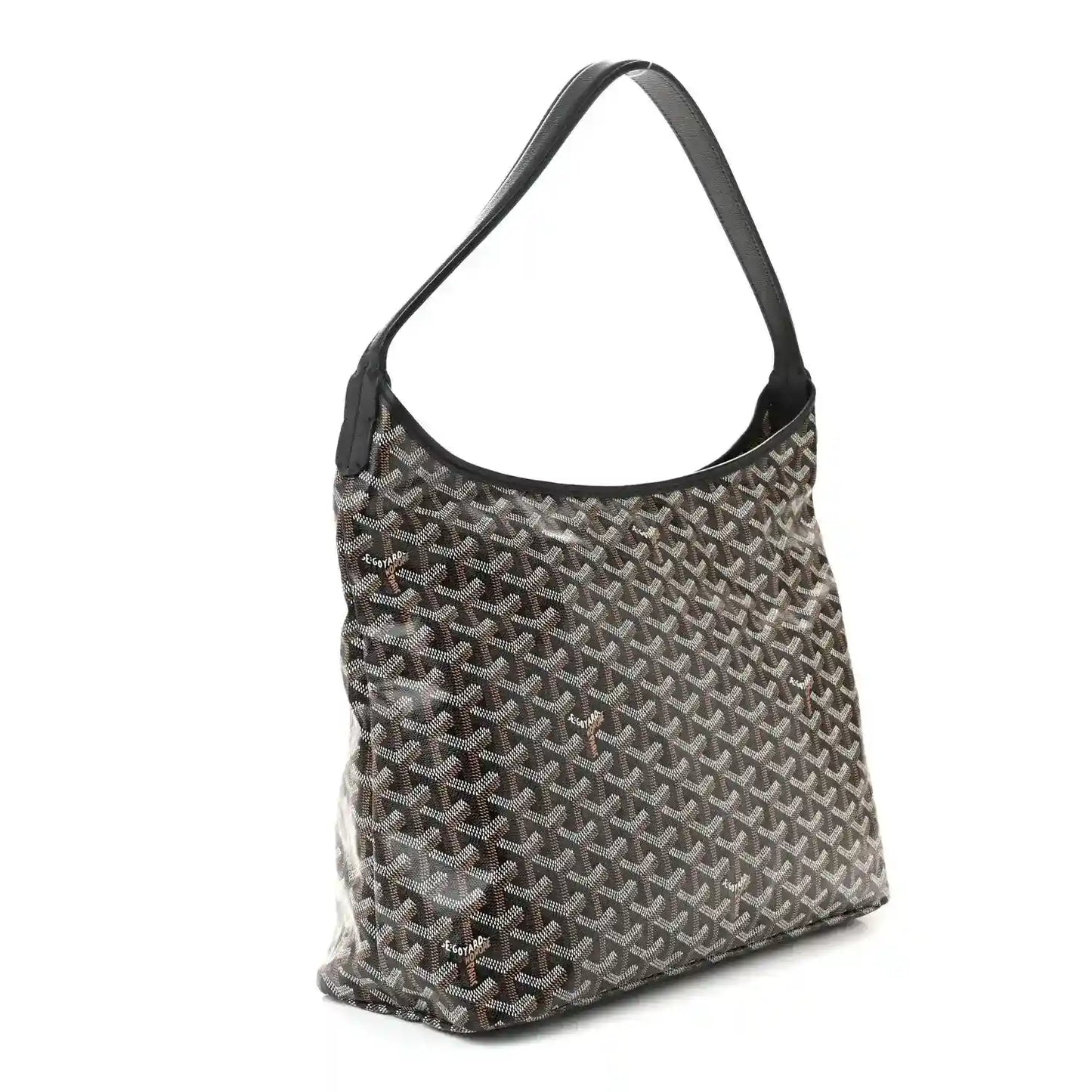 Chevron-pattern hobo shoulder bag with black leather top handles and side profile
