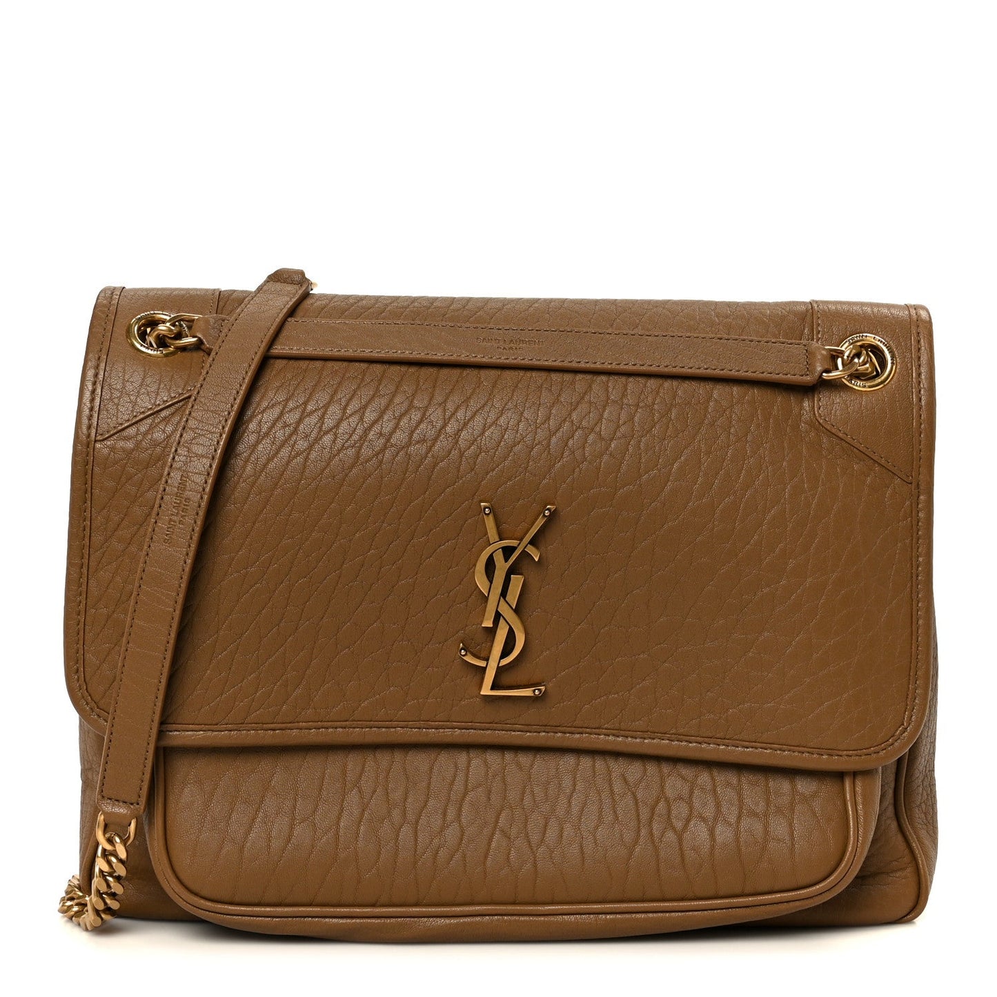 Niki chain satchel with front flap and YSL monogram, dark cork leather.