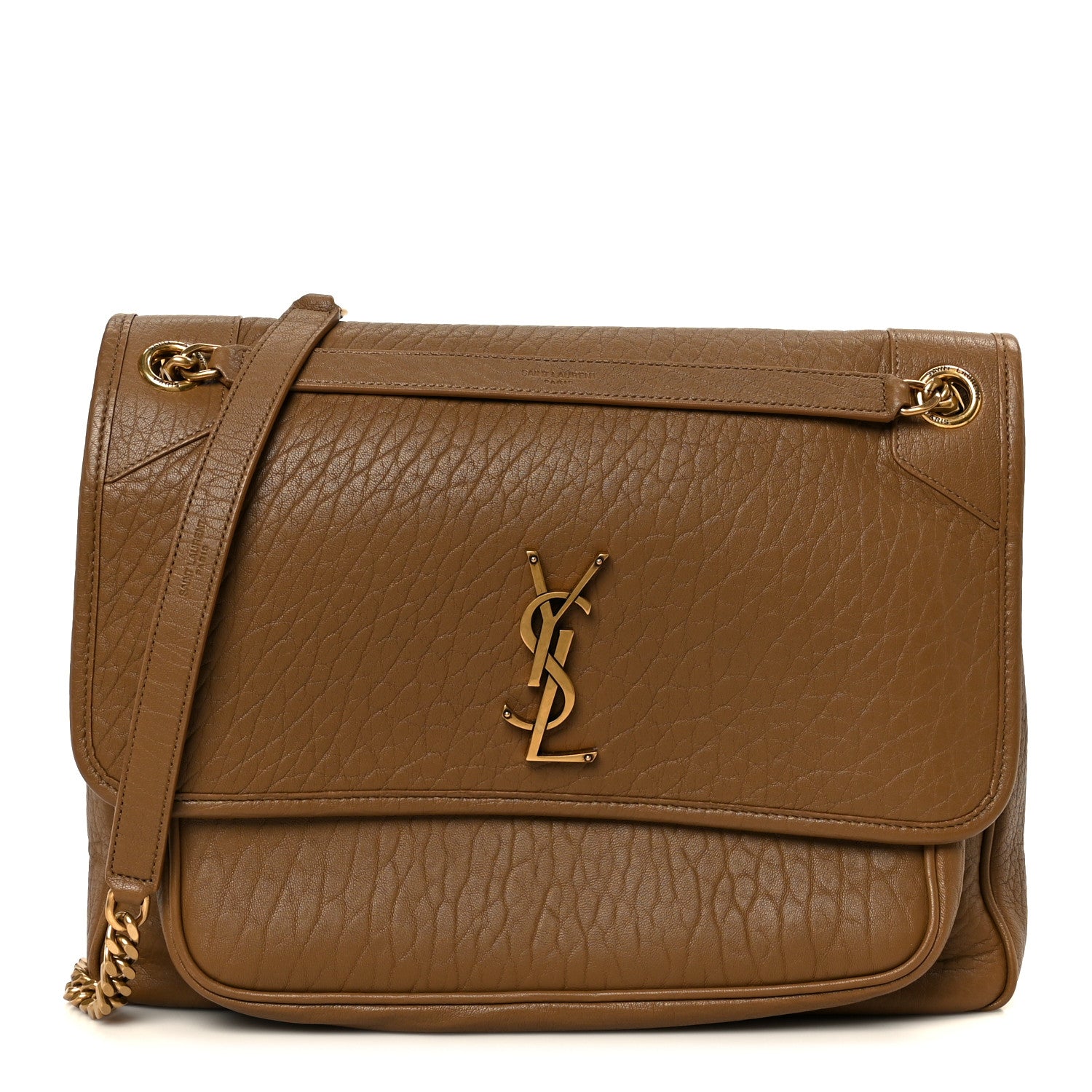Niki chain satchel with front flap and YSL monogram, dark cork leather.