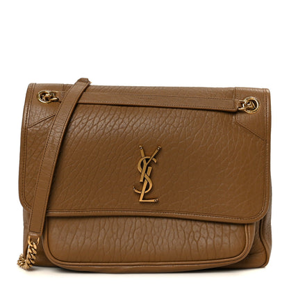 Niki chain satchel with front flap and YSL monogram, dark cork leather.
