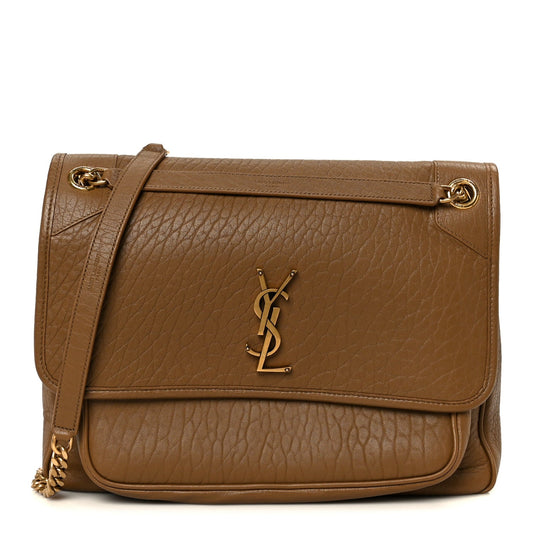 Niki chain satchel with front flap and YSL monogram, dark cork leather.