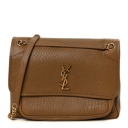 Niki chain satchel with front flap and YSL monogram, dark cork leather.
