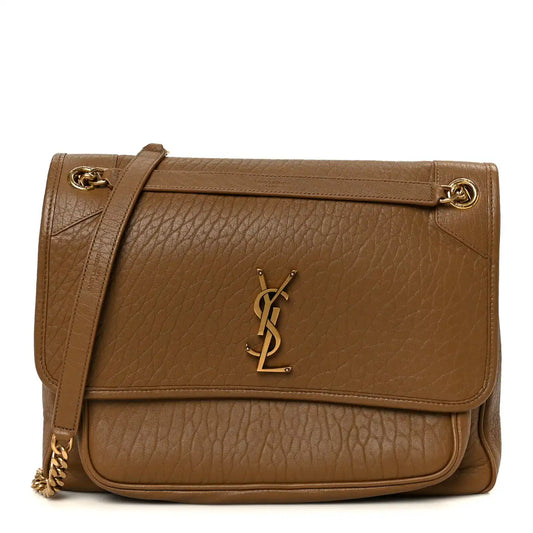 Niki chain satchel with front flap and YSL monogram, dark cork leather.