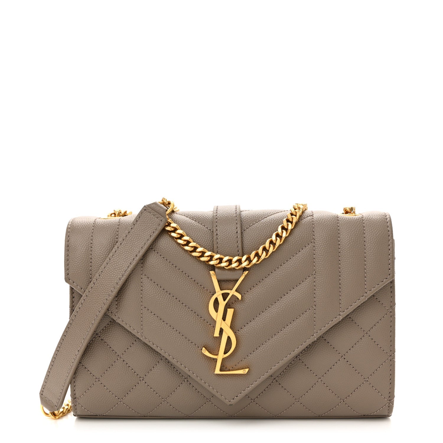 Small monogram satchel in greyish brown with gold chain strap and quilted flap