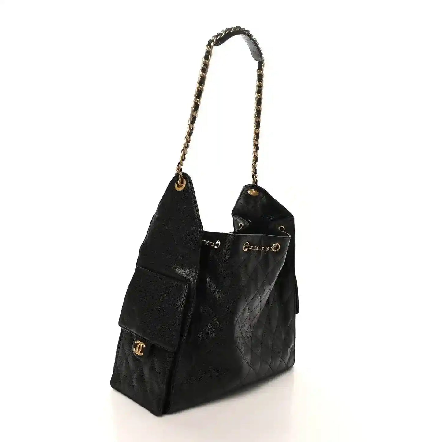 Black Chanel leather tote with gold chain strap, quilted panels, and CC logo