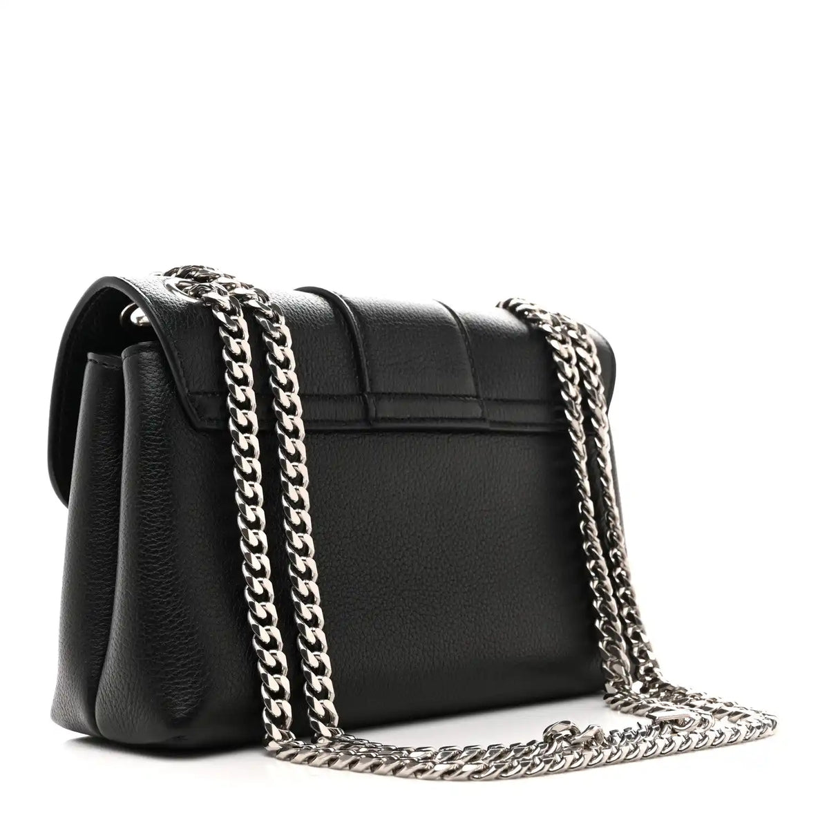 Black leather shoulder bag with front flap, chain strap, and silver clasp