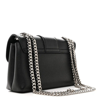 Black leather shoulder bag with front flap, chain strap, and silver clasp
