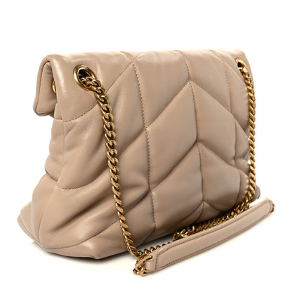 Small puffer chain satchel in dark beige with gold chain and flap front