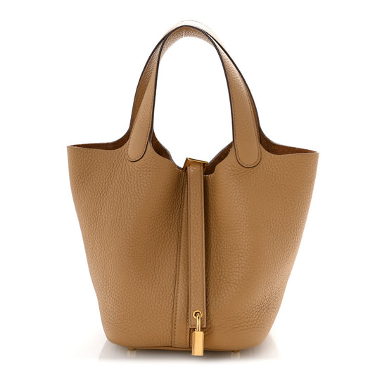 Hermes Picotin Lock 18 PM bucket bag in biscuit leather, structured open top