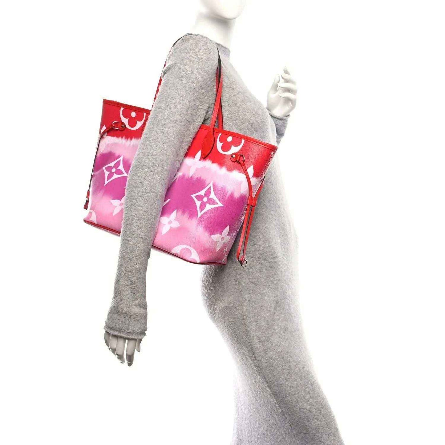 Louis Vuitton Escale Neverfull tote bag, red handles, pink monogram gradient side view