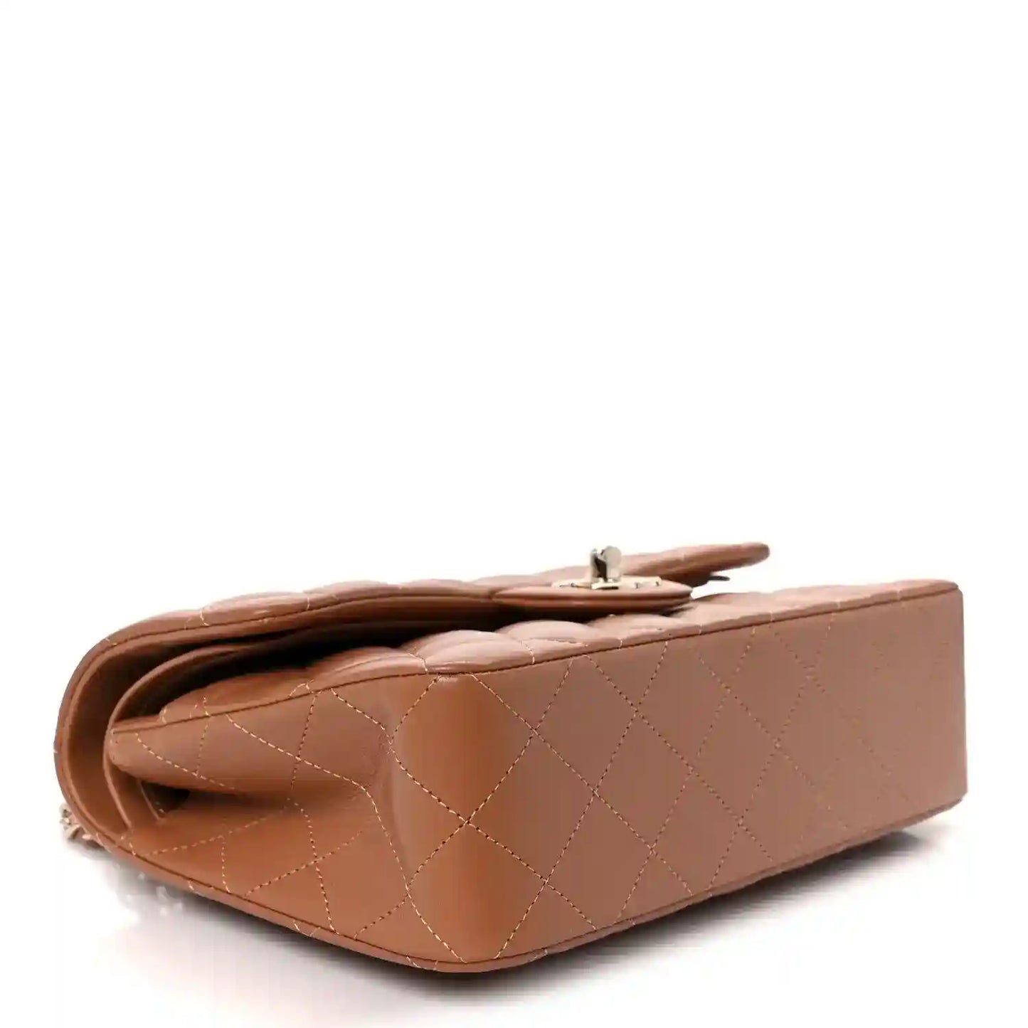 Bottom view of small quilted flap shoulder bag in brown leather with chain and turn-lock.