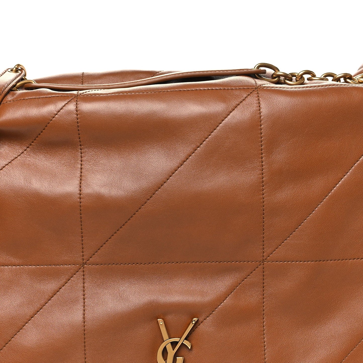Tan-brown leather quilted panel with YSL monogram and gold chain hardware.