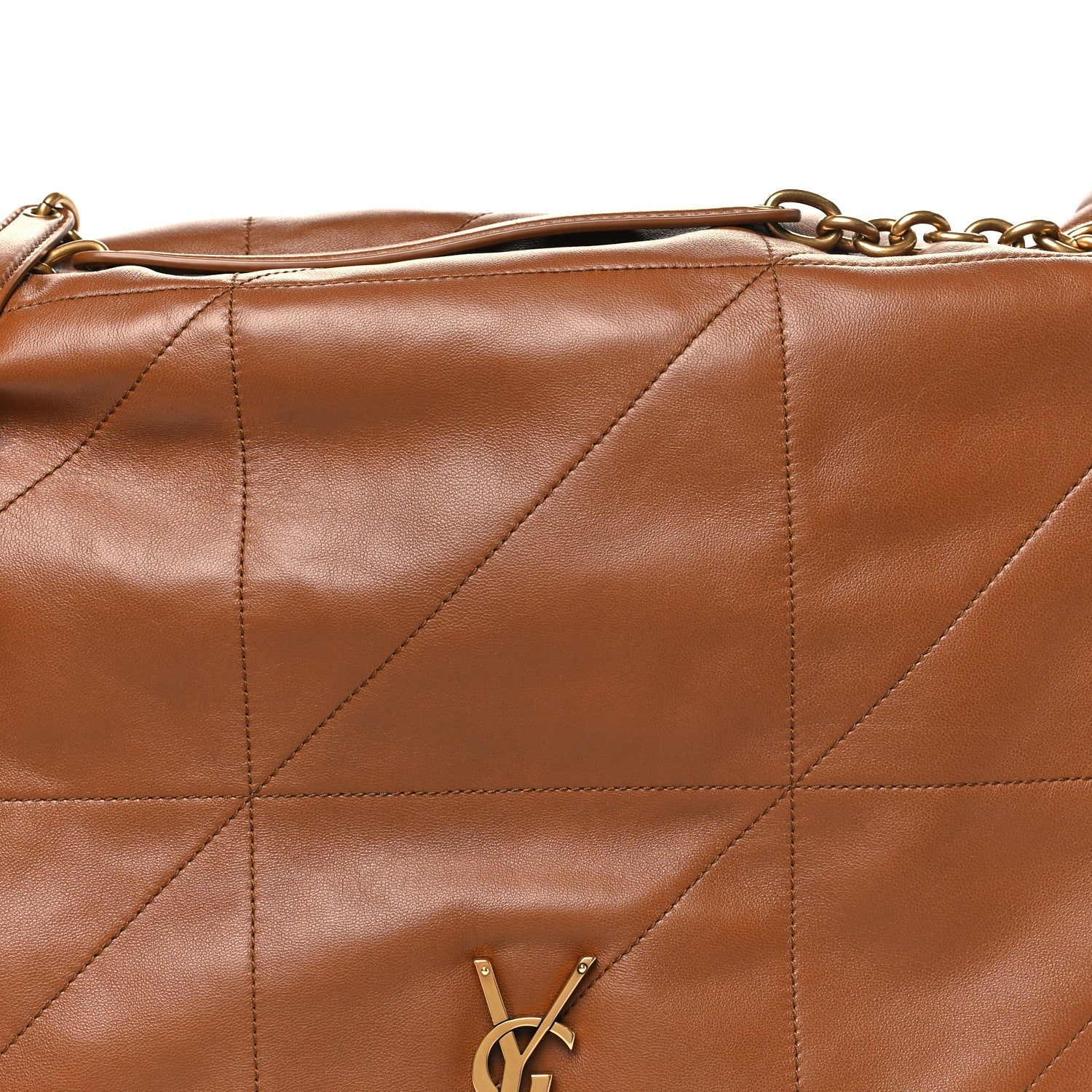 Tan-brown leather quilted panel with YSL monogram and gold chain hardware.