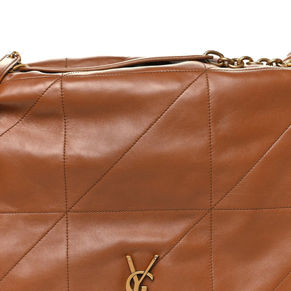 Tan-brown leather quilted panel with YSL monogram and gold chain hardware.