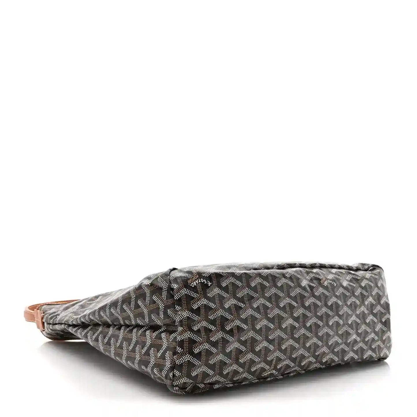 Goyard hobo bag base view, dark patterned canvas with brown leather trim