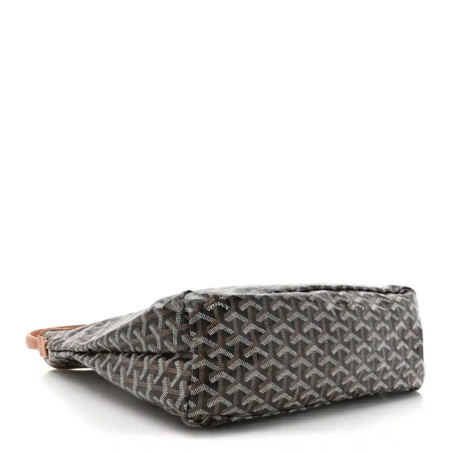 Goyard hobo bag base view, dark patterned canvas with brown leather trim