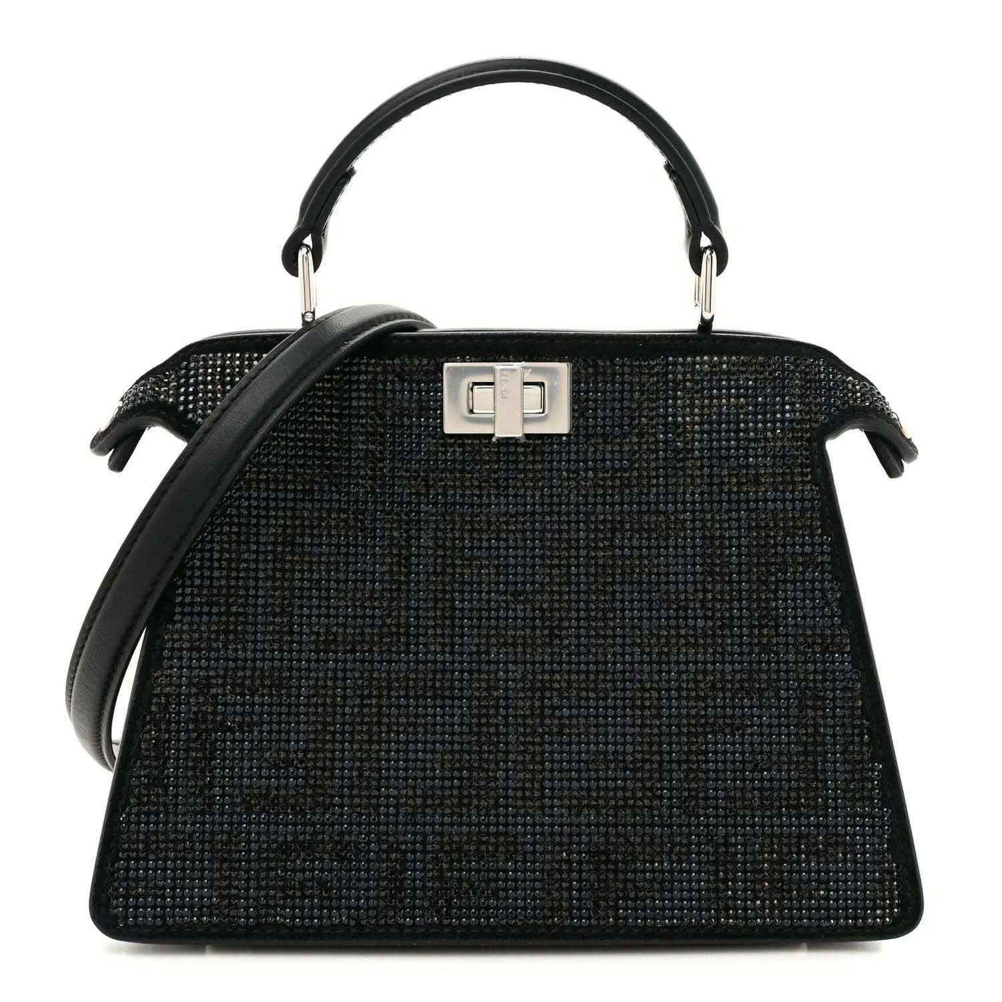 Fendi black crystal satchel with top handle and silver clasp