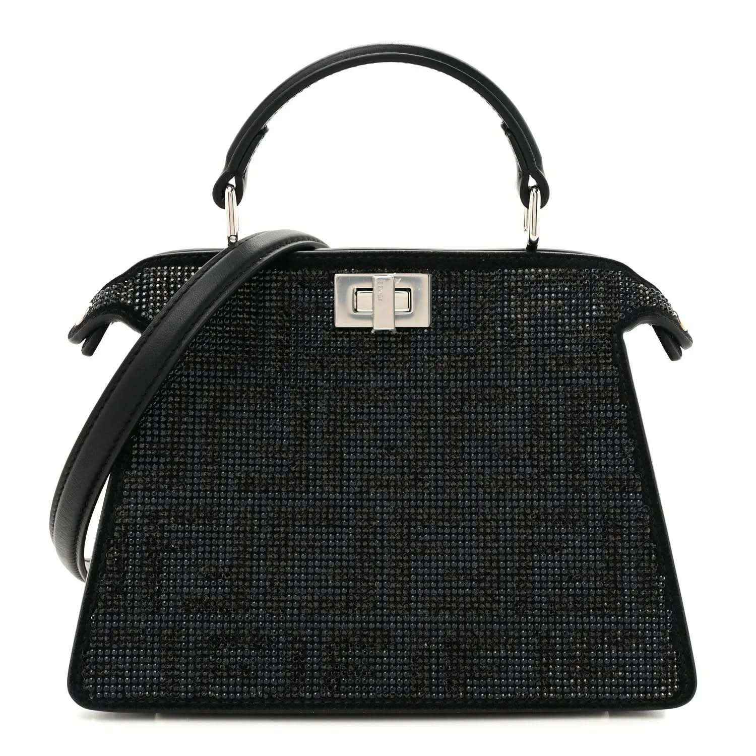 Fendi black crystal satchel with top handle and silver clasp