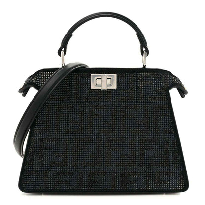 Fendi black crystal satchel with top handle and silver clasp