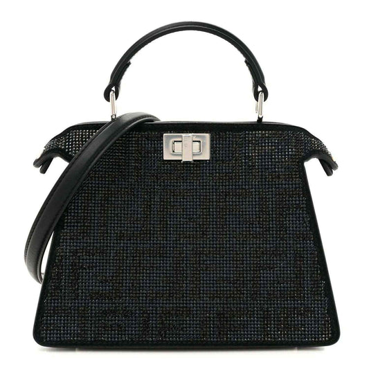 Fendi black crystal satchel with top handle and silver clasp