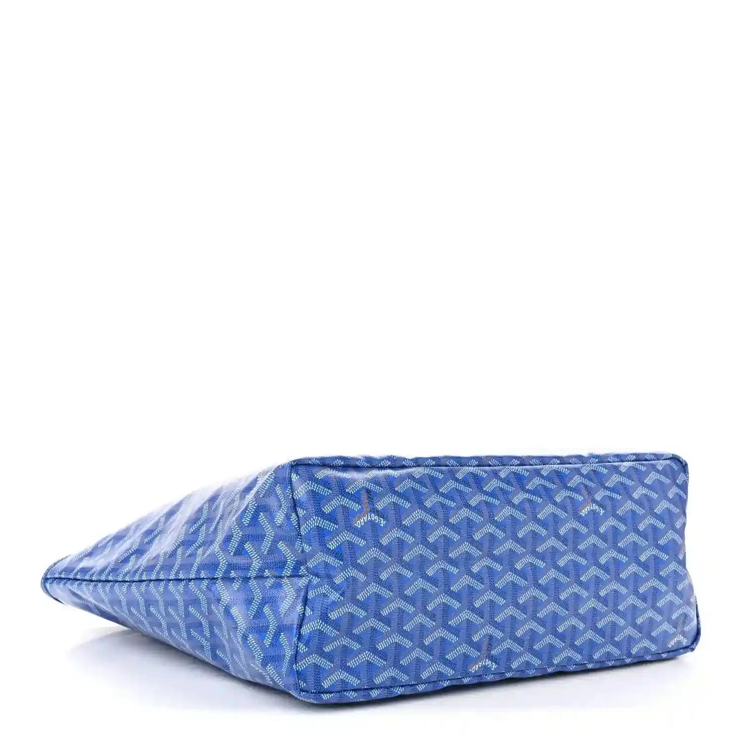 Sky blue tote bag with rounded base and allover Goyardine pattern, side-bottom view