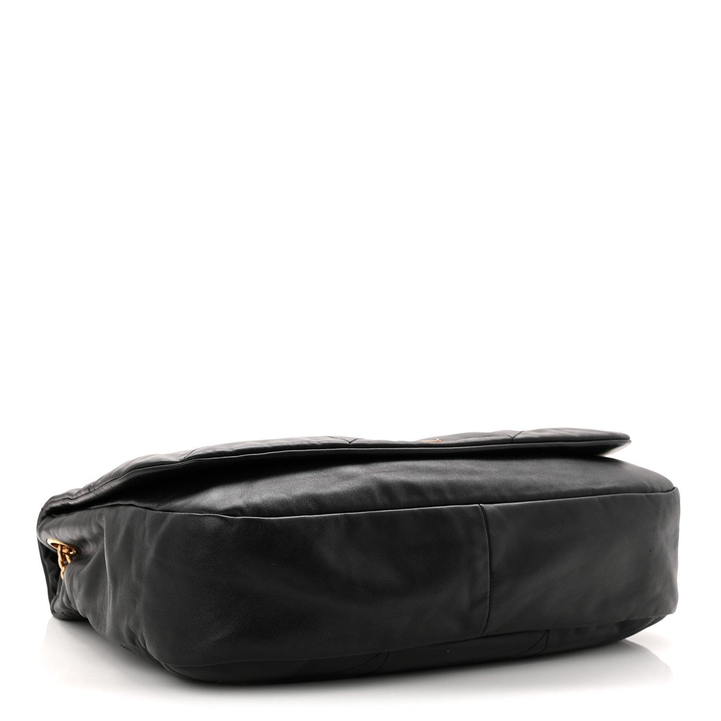 Black quilted lambskin shoulder bag side view with rolled top edge and gold hardware