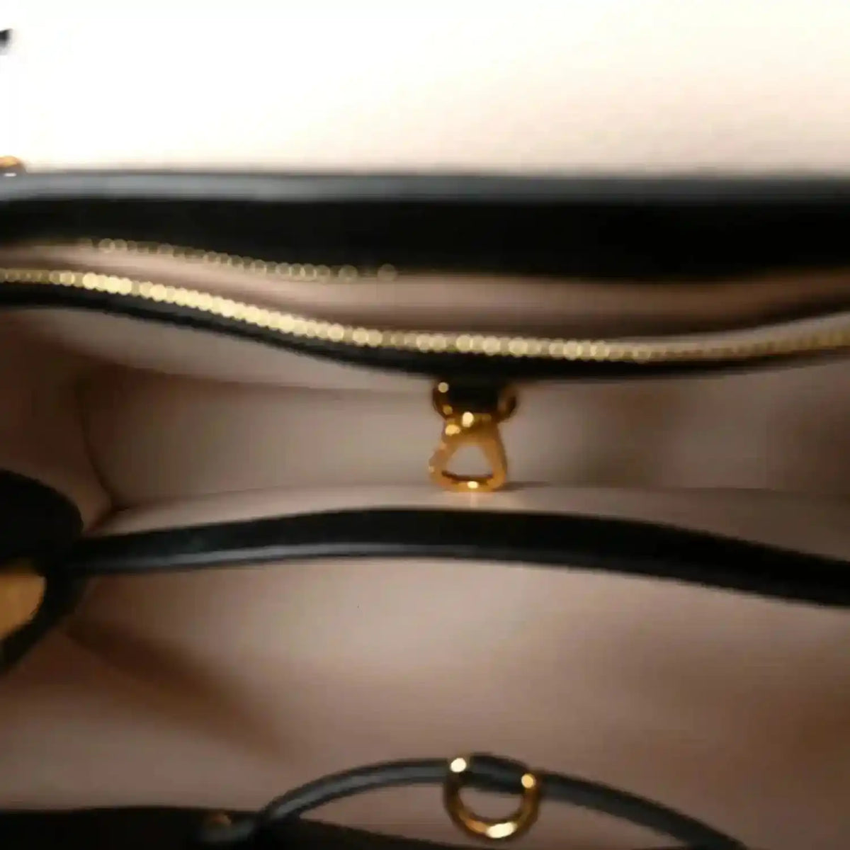 Leather handbag interior with gold zipper pull and chain ring