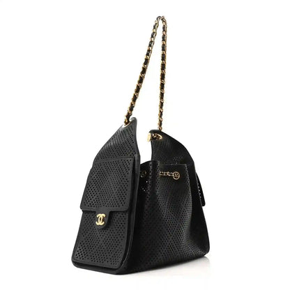 Small black perforated calfskin handbag with chain strap and front flap pocket