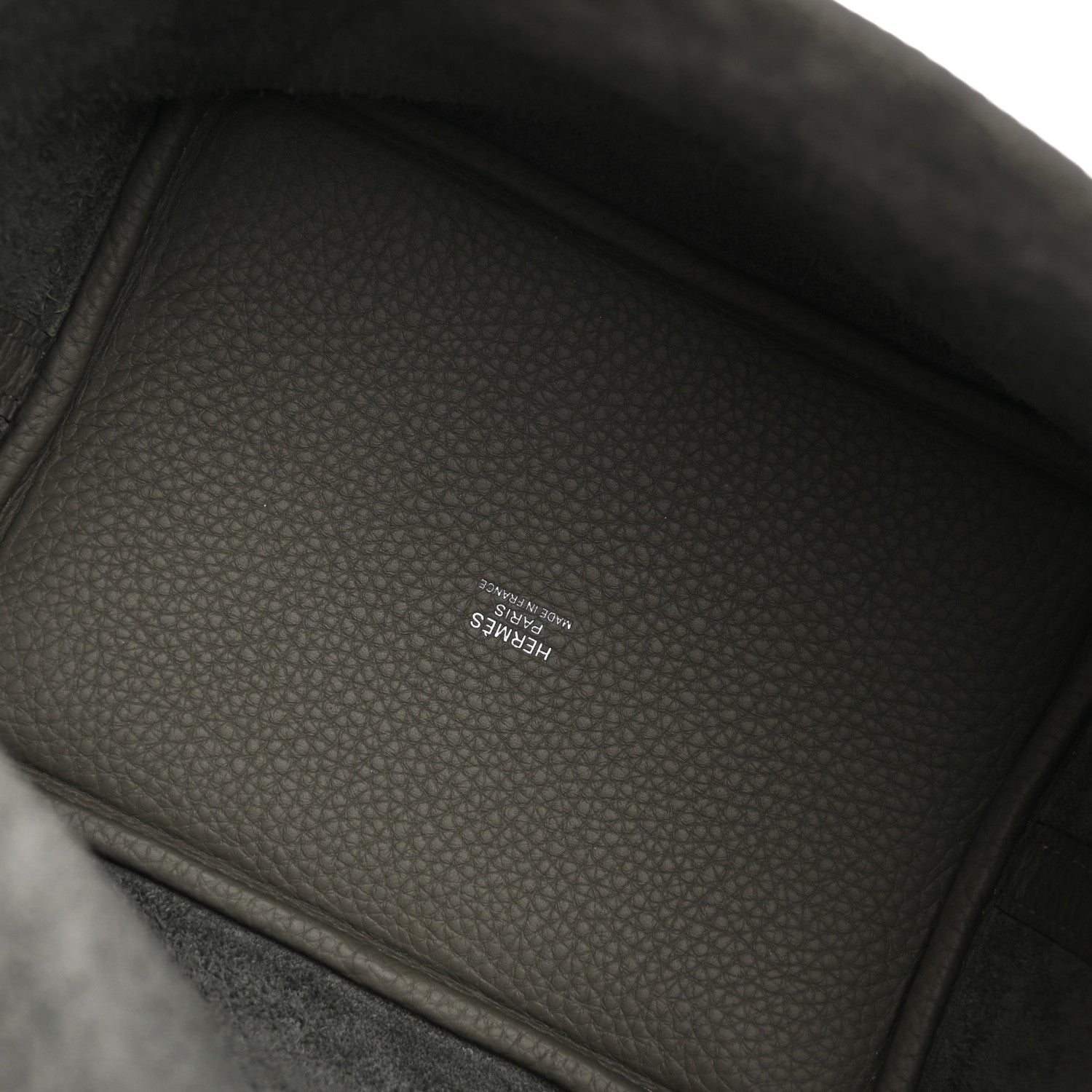 Leather bucket bag interior stamp label, dark green textured finish