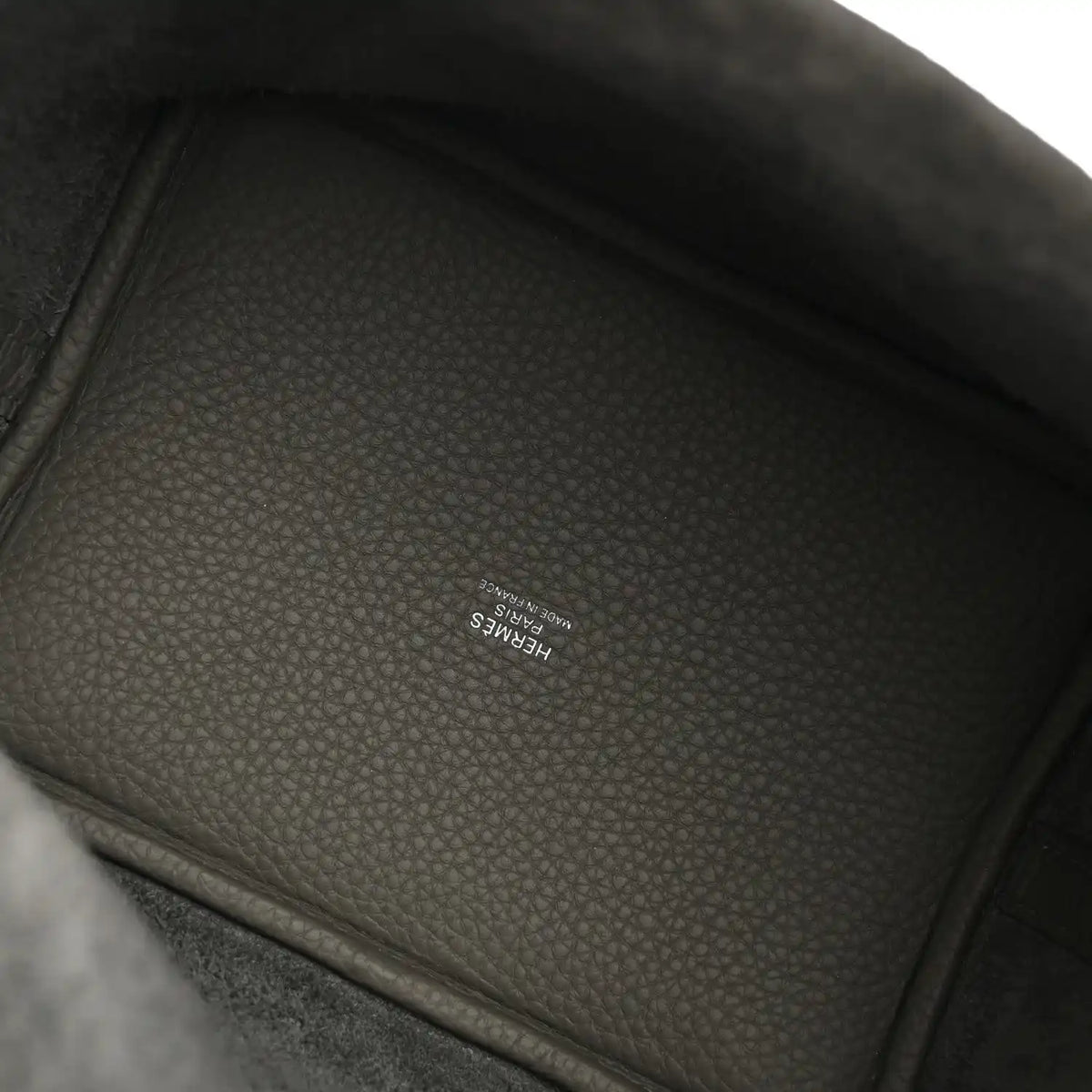 Leather bucket bag interior stamp label, dark green textured finish