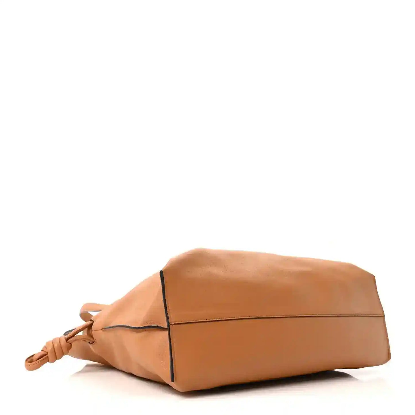 Loewe large Flamenco knot bag laid flat, warm tan leather with top seam detail.