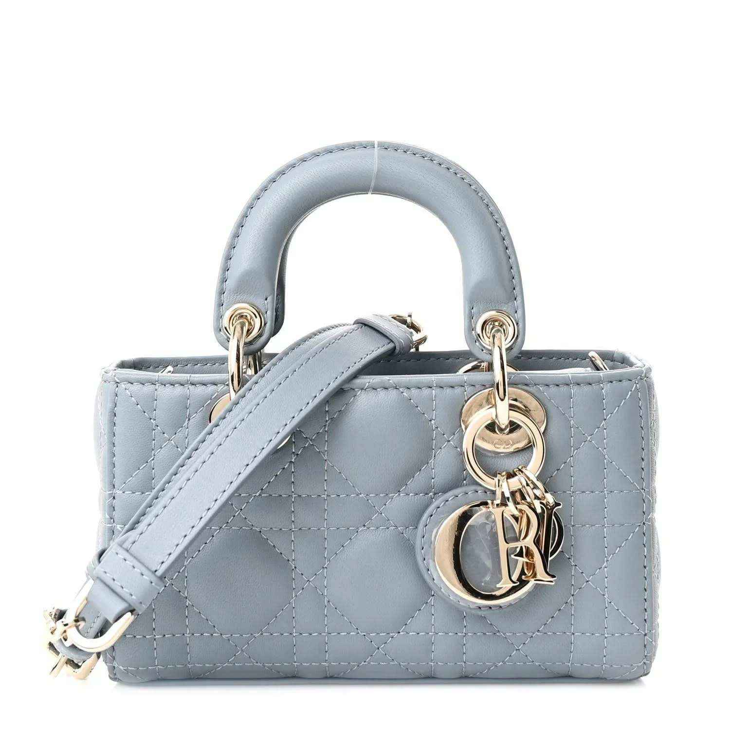 Micro Lady D-Joy lambskin bag in light blue with cannage quilting, top handles, logo charm