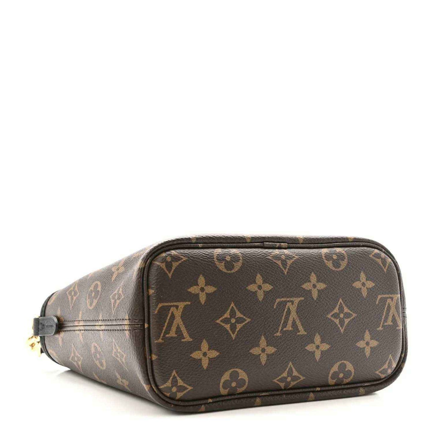 Monogram mini pouch with top zipper and black trim; brown patterned canvas body