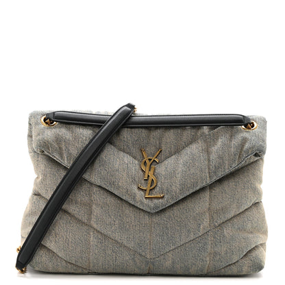Quilted denim puffer satchel with YSL monogram flap and black leather strap