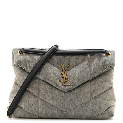 Quilted denim puffer satchel with YSL monogram flap and black leather strap