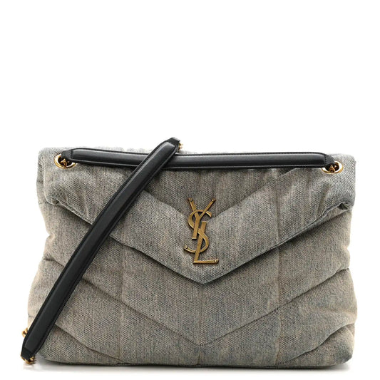 Quilted denim puffer satchel with YSL monogram flap and black leather strap