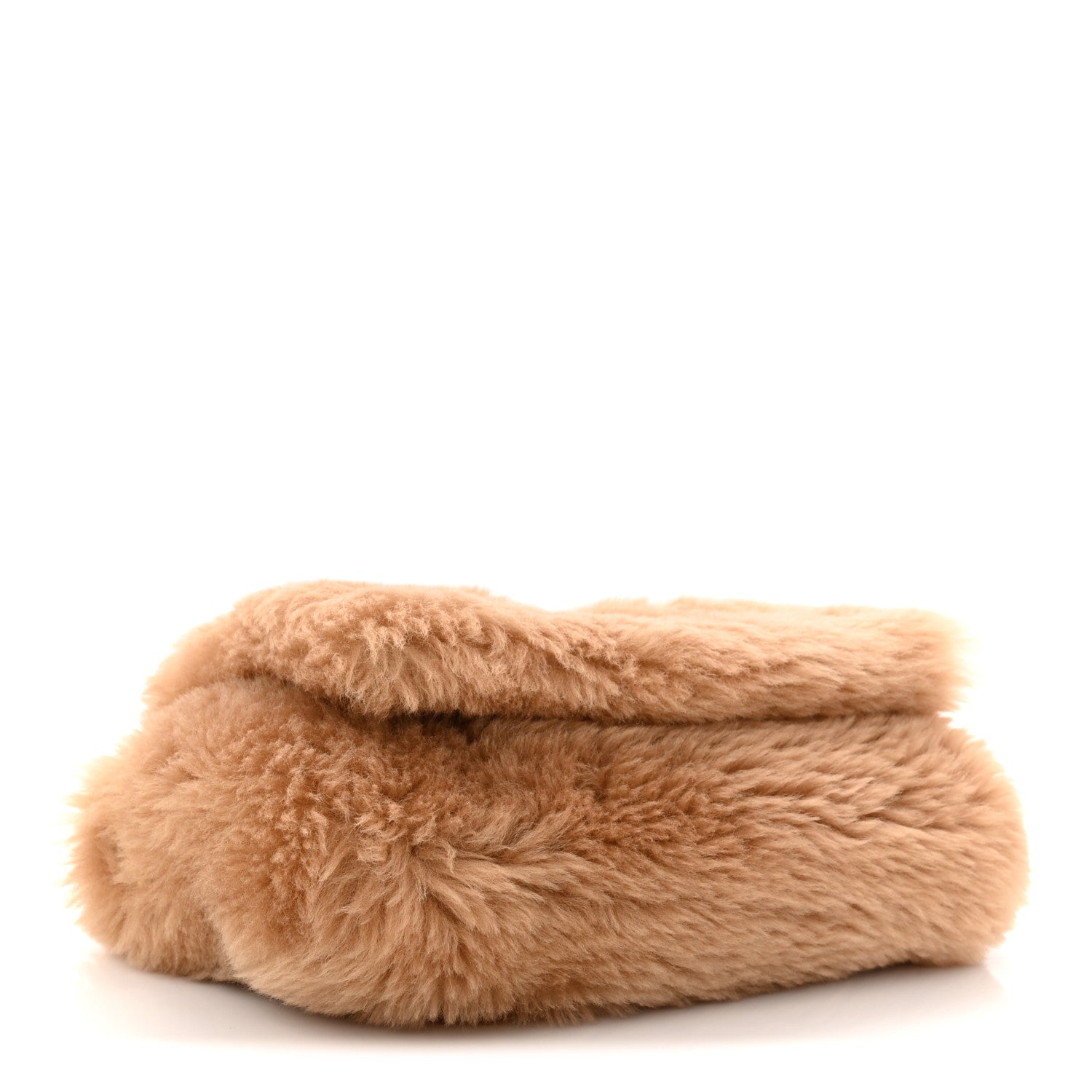 Reversible shearling satchel, ecru fuzzy texture, folded top profile