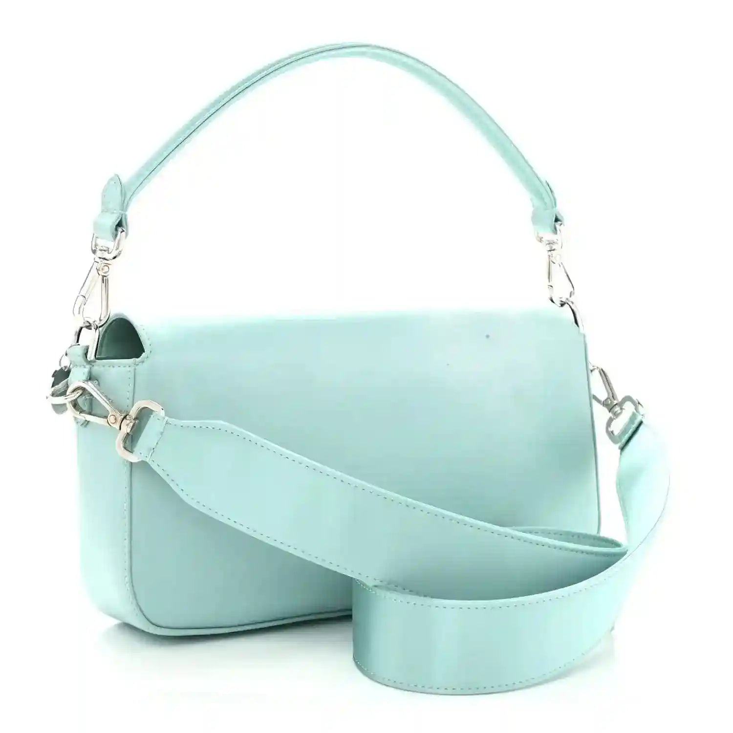 Blue satin baguette bag with long shoulder strap and silver-tone hardware